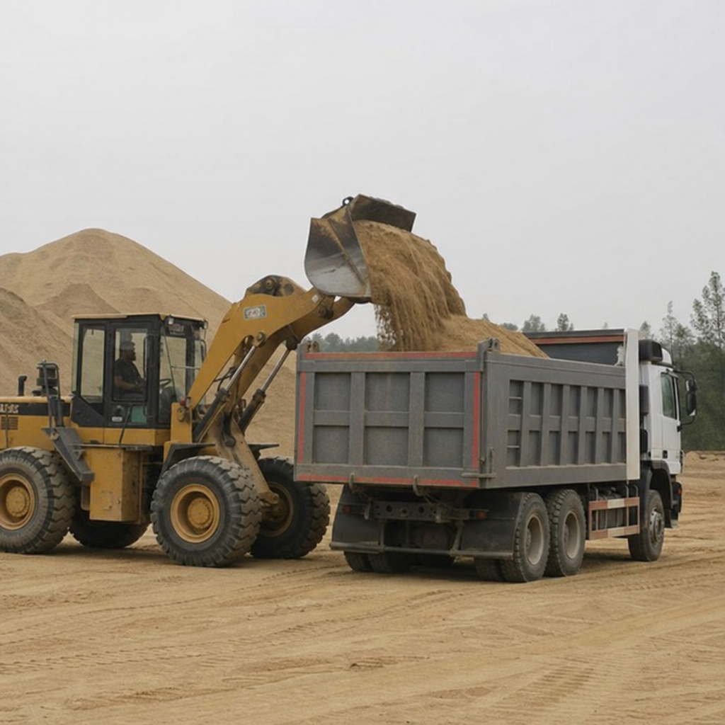 Front-end loader pouring sand into a dump truck