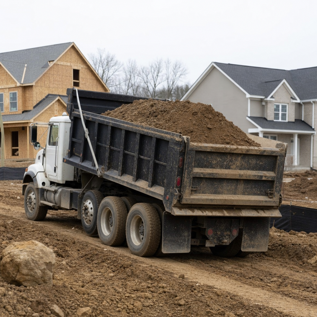 Dump truck hauling dirt through a residential construction site