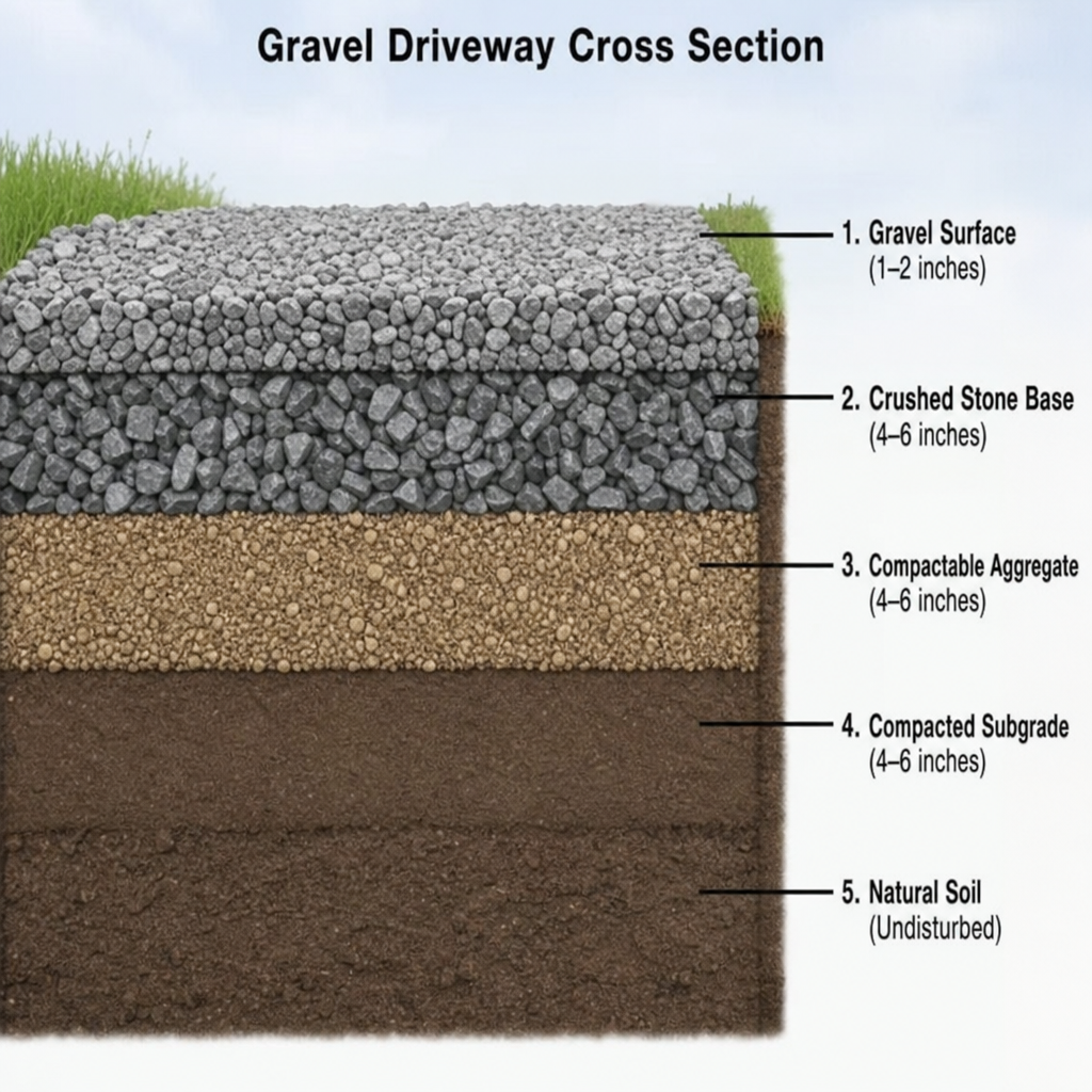 Gravel driveway cross section showing five layers and their thicknesses