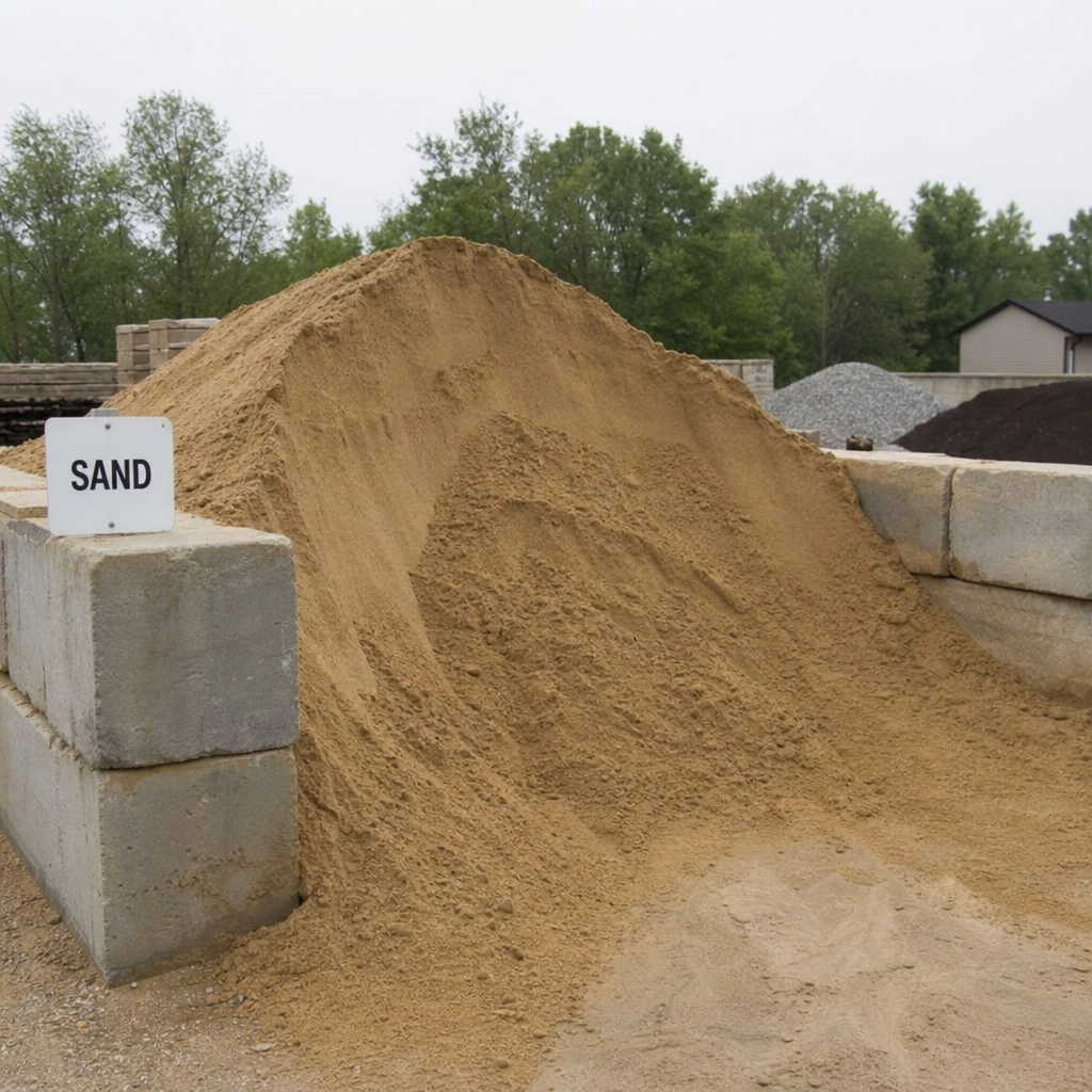A large pile of sand for sale at a landscape supply yard