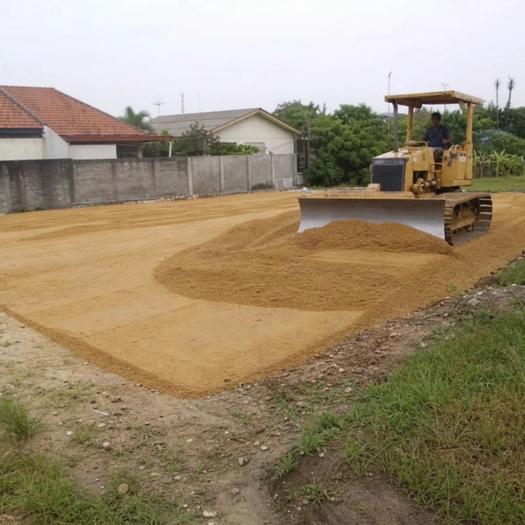 Bulldozer leveling fill sand for a landscaping project