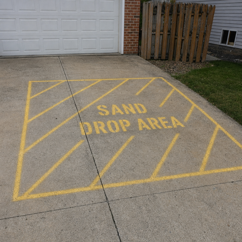 Marked delivery area for a bulk sand drop on a driveway