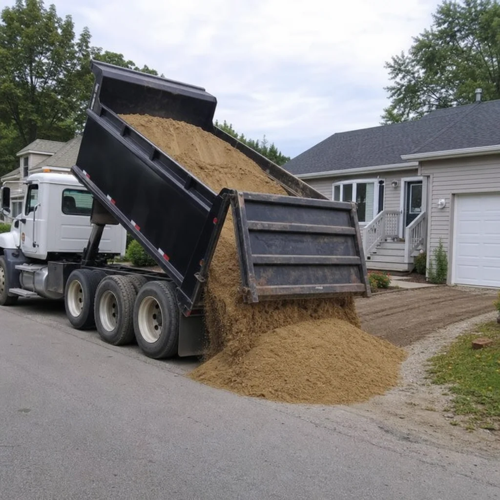 Dump truck delivering fill sand beside a house